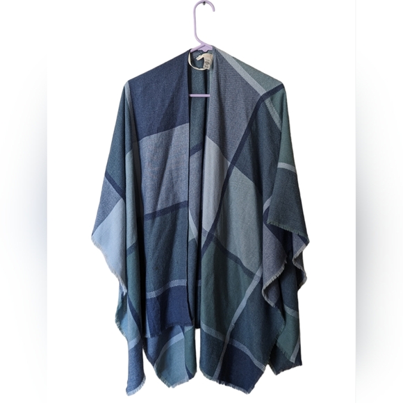 LC Lauren Conrad Women's One Size Tri-Blue Gingham Patchwork Open Cardigan Cape - Picture 1 of 5